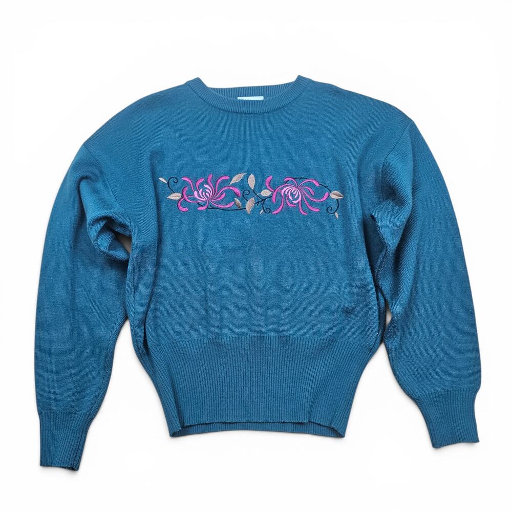 MEISTER Wool Blend Floral Embroidered Sweater Women's L VTG 80's Ski Hong Kong